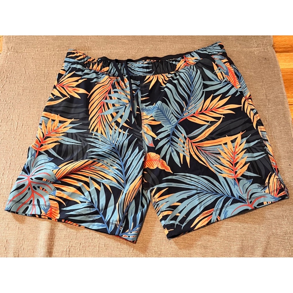 Speedo Men's Tropical Leaf Print Swim Trunks Shorts Elastic Waist Drawstring XL‎